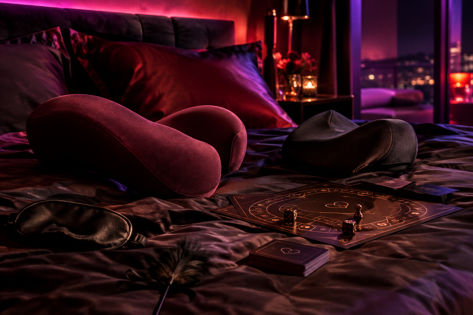 dark lighted room with sex pillars and kama sutra games