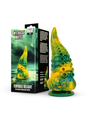 Mythical Mates - Tentacle Delight Green & Yellow - dildo next to its box