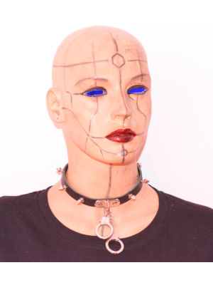1 ROW SMALL SPIKE AND HANDCUFF LEATHER NECKBAND / LEATHER CHOCKER - BLACK