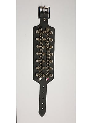 HANDMADE  3 ROW SPIKE AND CHAIN LEATHER WRISTBAND - BLACK