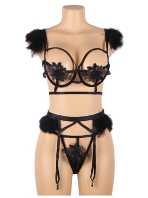 Plus Size Sexy 3pcs Embroidery Applique Feather Bra Panty Set With Underwire