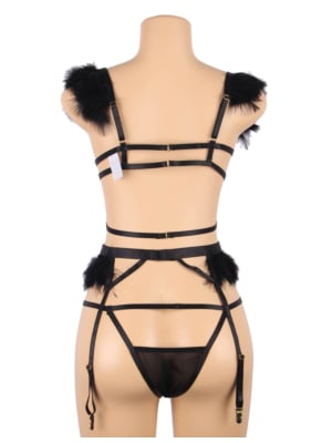 Plus Size Sexy 3pcs Embroidery Applique Feather Bra Panty Set With Underwire