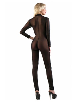 Catsuit in fine fishnet with triple zips Black