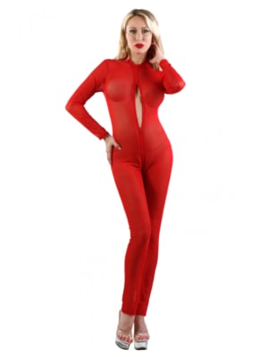 Catsuit in fine fishnet with triple zips Red-L