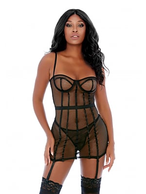 All The Cage Net Chemise Set - Black-S