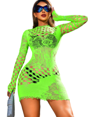 Sexy Long Sleeve Mesh Mini Dress Green