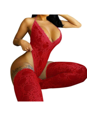 Sexy Deep V Neck Sexy Underwear Bodysuit - Stockings Set Red