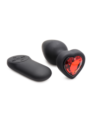 28X Silicone Vibrating Red Heart Anal Plug with Remote - Small