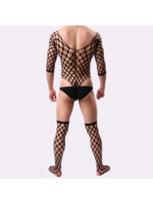 Black Elastic Fishnet Suit With Stockings 2pcs