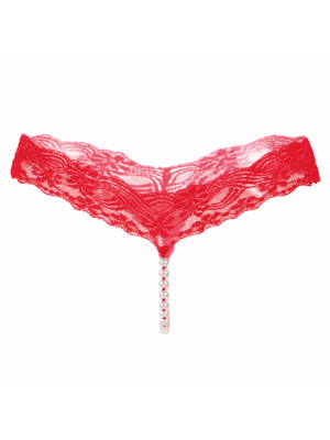 Red Lace T-Back Thong with Pearl Detail