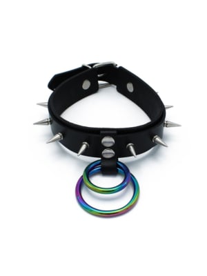 Black Leather Spiked Collar Double Rainbow O-Ring