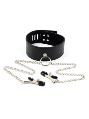Toyz4lovers Collar with Nipple Clamps and Leash Black