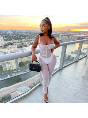 Mesh Suspenders Pleated Slim Fit Casual Jumpsuit White