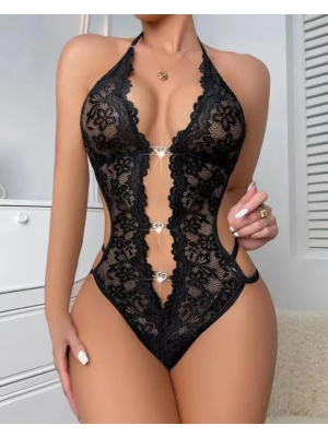 Sexy Heart-Shaped Lace Bodysuit Black-M