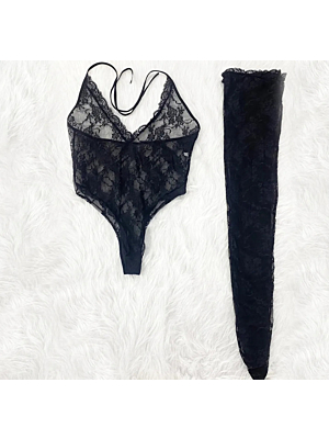 Sexy Deep V Neck Sexy Underwear Bodysuit - Stockings Set Black-S