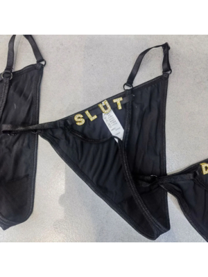 Sexy Rhinestone Letter Thong Panties Slut Black os