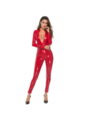 Long Sleeves Zipper PU Leather Jumpsuits Catsuit Red-S