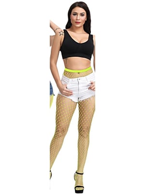Women Sexy Mesh High Waist -Medium Fishnet- Pantyhose Neon Yellow