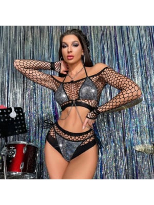 Neck Lace-Up Chain Sex Lingerie Set Silver-XL