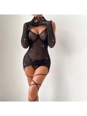 Steel Ring Sexy Bodystocking Lingerie Set Black
