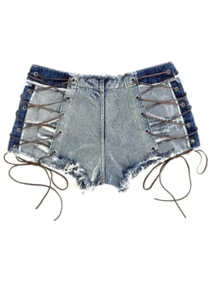 Lace Up High Waist Raw Hem Denim Shorts