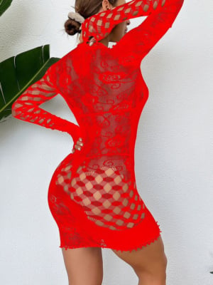 Sexy Long Sleeve Mesh Mini Dress Red