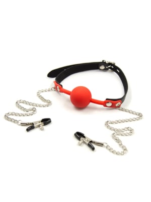 Silicone Ball Gag With Nipple Clamps Red