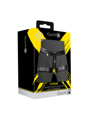 Ouch PU Leather Female Chastity Belt with Leg Restraint - Black