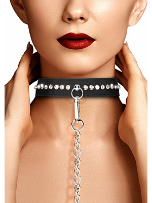 Ouch! Diamond Studded Collar With Leash  - Black