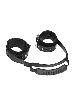 Bonded Leather Hand Cuffs With Handle - With Adjustable Straps