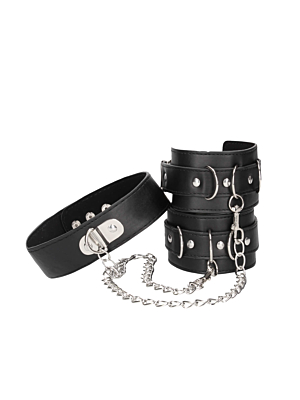 Bonded Leather Collar With Hand Cuffs - With Adjustable Straps and chain