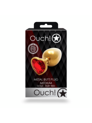 Heart Gem Butt Plug - Medium - Gold/Ruby Red