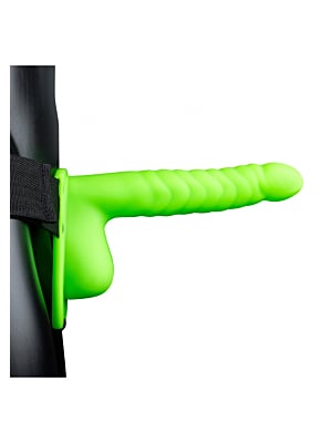 Ribbed Hollow Strap-on with Balls - 21 cm - Glow in the Dark