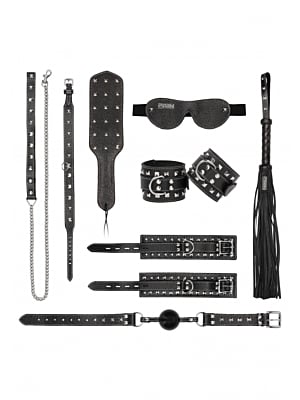 Ouch! Pain 7Pcs - Leather Studded Bondage Kit - Black