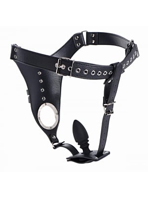 Male Chastity Harness + Silicone Anal Plug - Black