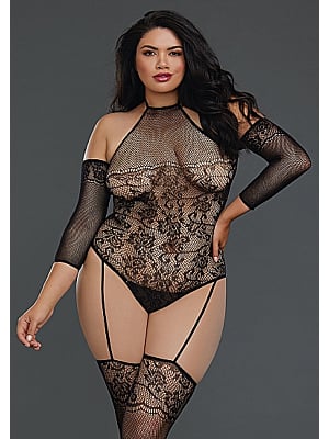 Queen Size Fishnet Teddy Bodystocking - Black