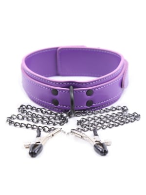 Purple Leather Collar With Nipple ClampsModel:MW-X2569