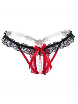Sexy Crotchless Pearl Massage Lace Panty T-back Red
