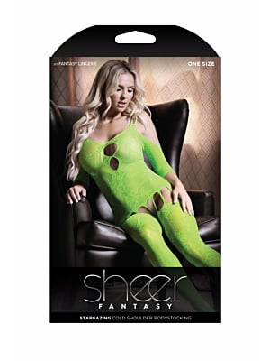 Stargazing Cold Shoulder Suspender Catsuit - Neon Green