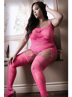 Stargazing Cold Shoulder Suspender Catsuit - Neon Pink