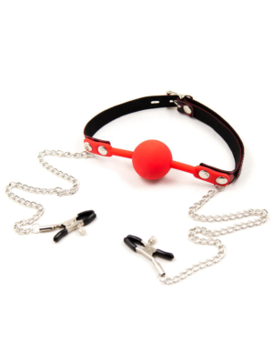 Silicone Ball Gag With Nipple Clamps Red