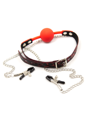 Silicone Ball Gag With Nipple Clamps Red