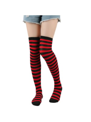 Stocking Over The Knee Socks Thin Strip Black Red