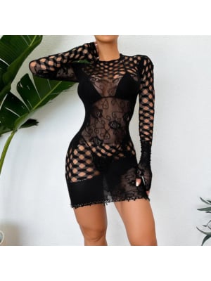 Sexy Long Sleeve Mesh Mini Dress Black