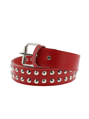Row Conical Studded Reconstructed Leather Belts - Red - L