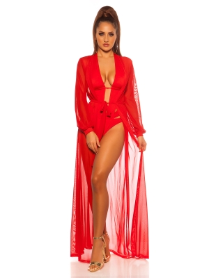 SEXY LONG SLEEVE KIMONO WITH BELT RED