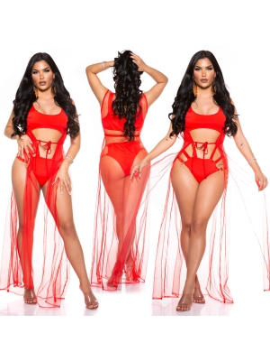 SEXY MESH COVER UP WITH DRAWSTRING WAIST RED