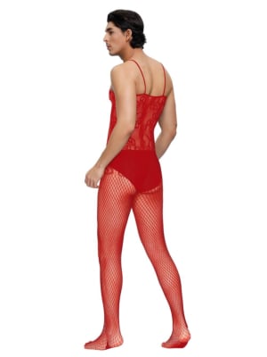 Sexy Red Crocheted Fishnet Bodystockings For Men