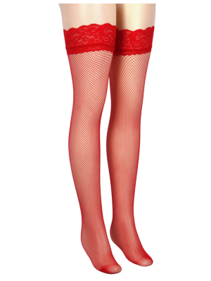 Red Fishnets Thigh High stockings Silicone Lace Top Stay Up Sheer Nylon Hosiery