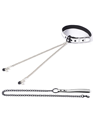 Fetish Play Set Collar-Clam with Nipples-Leash, Silver